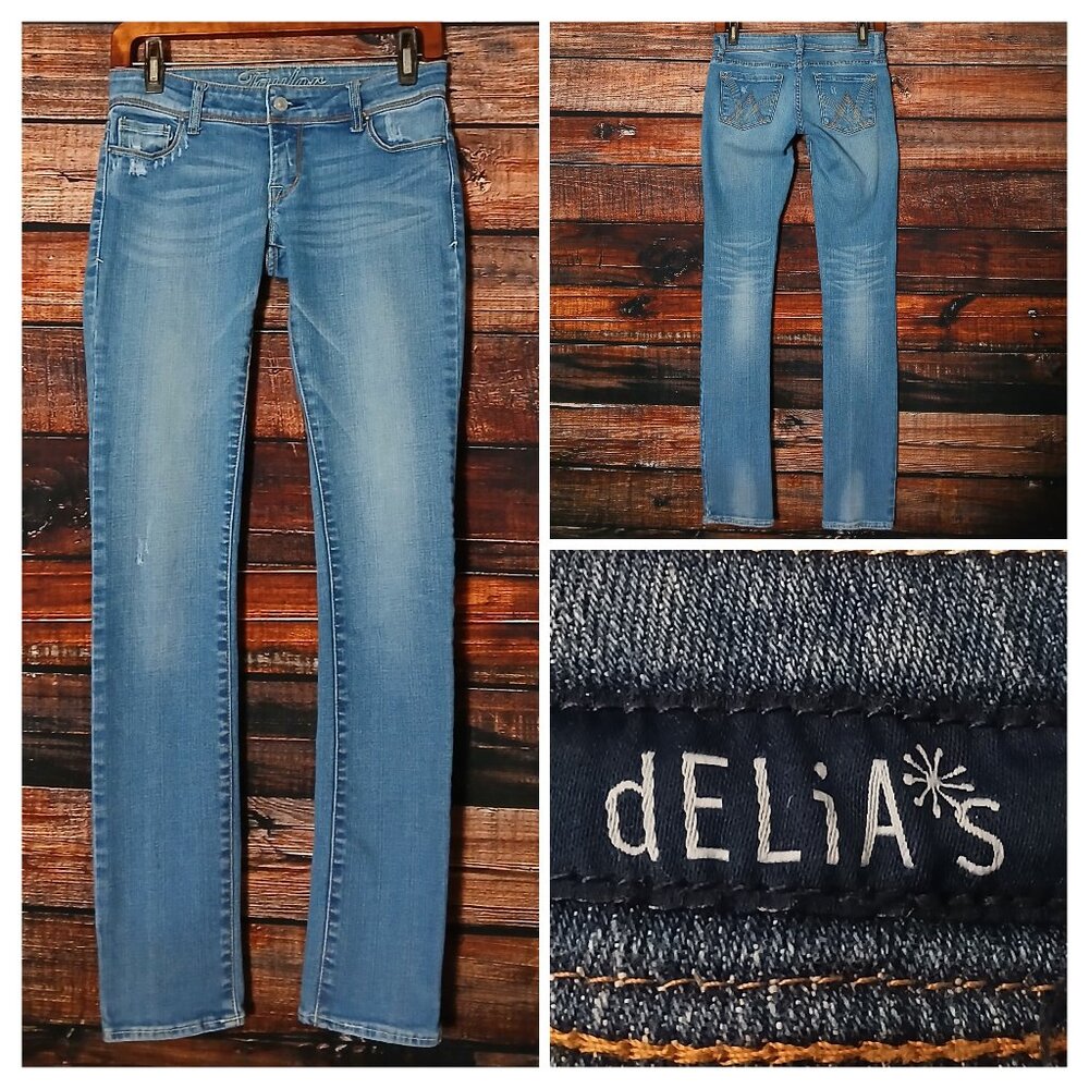 dELiA*s Jeans 3 4 Taylor Skinny Low Rise Distressed Blue Denim Stretch Delias